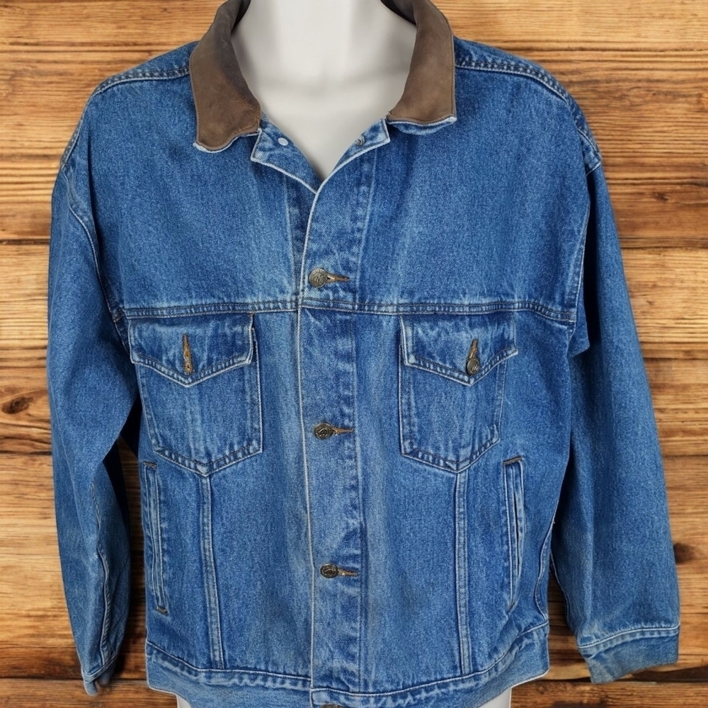 Marlboro Men's Sz Large Trucker Country Store Leather Collar Denim Cowboy 1990s